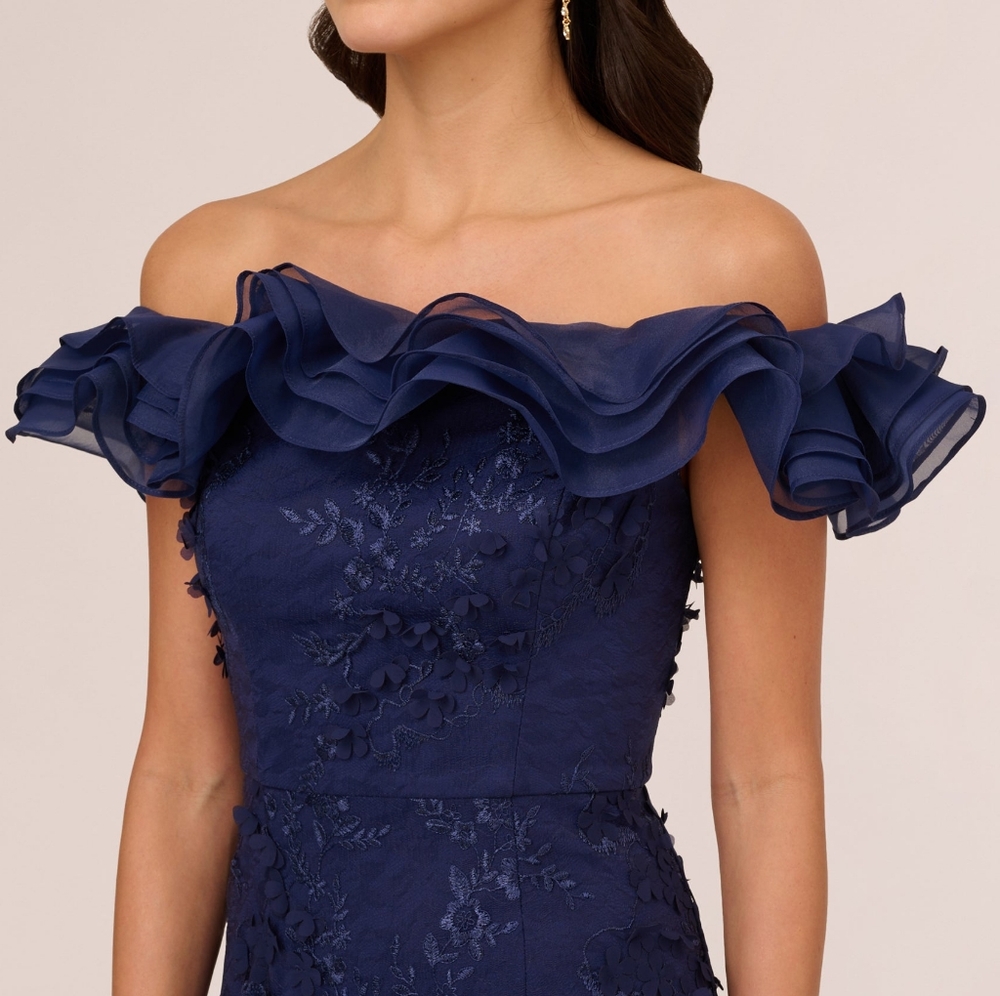 NWT Adrianna Papell Navy Blue Floral Ruffle Off The Shoulder Gown 4 - Picture 3 of 7